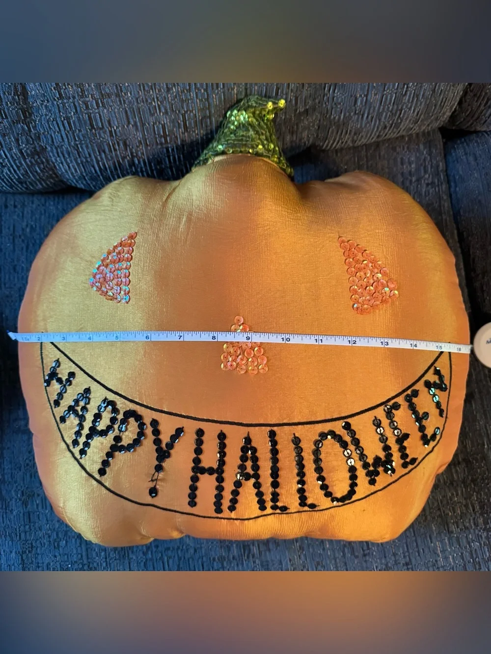 Orange Sequin Pumpkin Holiday Pillow - Happy Halloween 18” x 18”